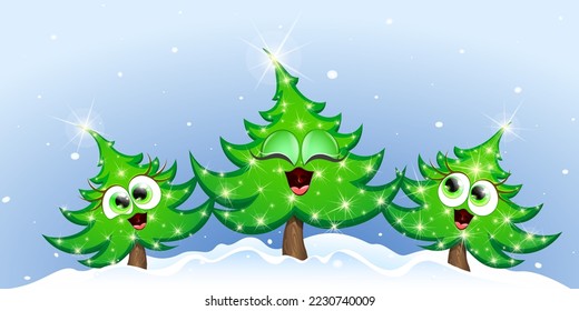 Cute cartoon funny three Christmas fir trees  singing under snowfall