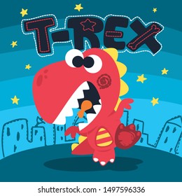 Cute cartoon funny t-rex dinosaur in the city at night illustration vector.