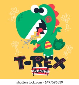 Cute cartoon funny t-rex dinosaur and palm tree isolated on yellow background illustration vector.