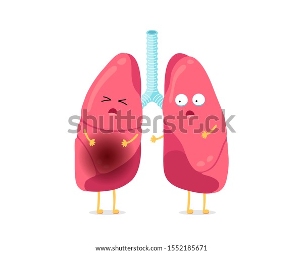 かわいい漫画のおかしな不健康な肺の特徴 肺炎で肺マスコットの病気にかかっている ヒト呼吸器系の内臓の炎症 医療解剖学病ベクターイラスト のベクター画像素材 ロイヤリティフリー