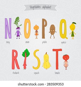 Cute cartoon funny vegetables alphabet in vector. N, o, p, q, r, s, t letters. Neep, onion, potato, quince, rhubarb, squash, tomato. Design in a colorful style.