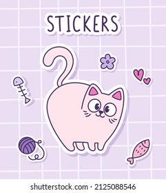 Cute cartoon funny white cat waving his tail. Sticker of a cat with toys on a checkered background. Label Sticker. Vector illustration