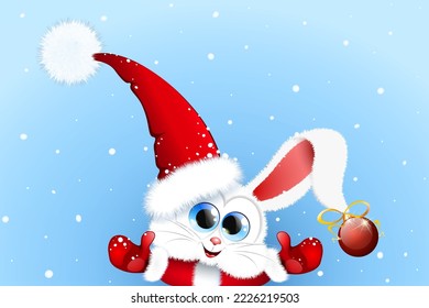 Cute cartoon funny white rabbit in Santa hat, mittens, coat and with Christmas ornament hanging on his ear