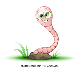 Cute cartoon funny worm peeking out of the ground.