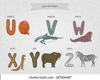 Cute cartoon funny zoo alphabet in vector. U, v, w, x, y, z letters. Uakaris, vaquita, walrus, xerus, yak, zebra. Design in a colorful style.