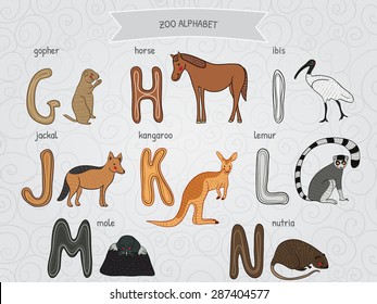 Cute cartoon funny zoo alphabet in vector. G, h, i, j, k, l, m, n letters. Gopher, horse, ibis, jackal, kangaroo, lemur, mole, nutria. Design in a colorful style.