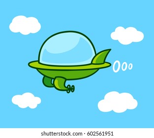 Cute Cartoon Futuristic Flying Car In Sky. Green UFO Shaped Aircraft, Vector Illustration.