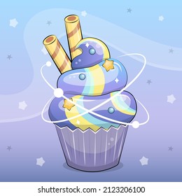 Cute Cartoon Galaxy Cupcake With Stars And Wafer Rolls. Vector Illustration Of A Dessert On A Blue Background.