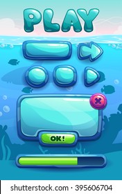 Cute cartoon game assets set, blue glossy buttons, panel and progress bar for GUI design