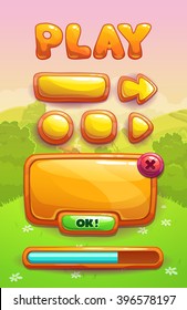 Cute cartoon game assets set, orange glossy buttons, panel and progress bar for GUI design on landscape background