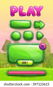 Cute cartoon game assets set, green glossy buttons, panel and progress bar for GUI design on park landscape background