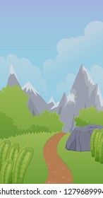 Cute cartoon game landscape background with hill, road, stone, plants, bushes and mountains. Vector illustration for gui, web design, phone wallpaper.