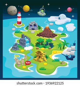 cute cartoon game level map user interface, volcano, lighthouse, temple, pirate ship, waterfall,game design