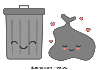 cute cartoon garbage and garbage bin in love funny cute vector illustration