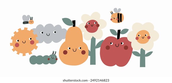 Cute cartoon Garden. Flowers, apple, pear, sun, bee - cute character. Print in flat style