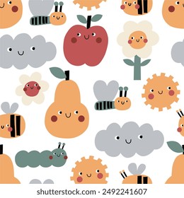 Cute cartoon Garden. Flowers, apple, pear, sun, bee - cute character. Print in flat style. Seamless pattern