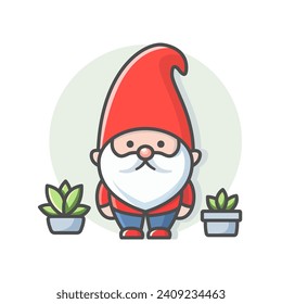 Cute cartoon garden gnome in red hat standing among the flower pots. High quality vector Illustration.