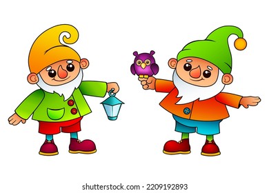 cute cartoon garden gnomes with owl and lantern on a white background. greeting card with fairy tale persons. isolated vector illustration.