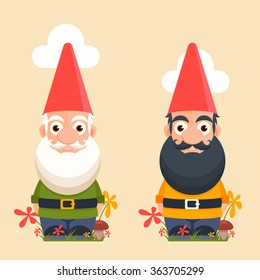 Cute Cartoon Garden Gnomes Standing Among the Flowers. Vector Illustration