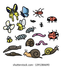 Cute cartoon garden insects vector illustration motif set. Hand drawn slug, snail, worm and bug icons. Bee, butterfly and wildlife graphics. Ladybug web buttons.