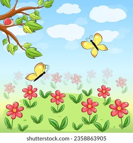 Cute cartoon garden landscape. Vector illustration of nature with red flowers, yellow butterflies, tree, green grass, blue sky and white clouds.