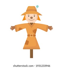 Cute cartoon garden scarecrow. Front view. Colored silhouette. Vector simple flat graphic illustration. The isolated object on a white background. Isolate.