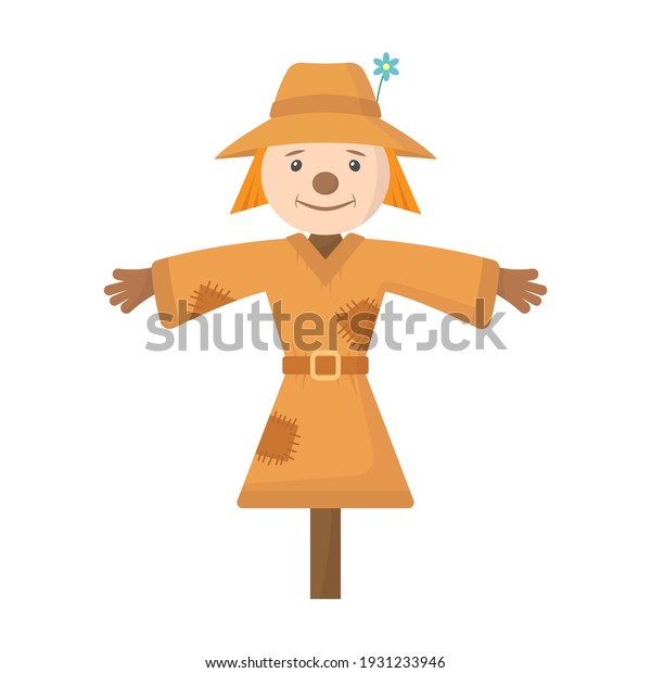 Cute cartoon garden scarecrow. Front\
view. Colored silhouette. Vector simple flat graphic illustration.\
The isolated object on a white background.\
Isolate.