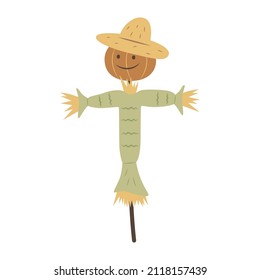 Cute cartoon garden scarecrow. A pumpkin head in a straw hat. Farm life item. Field decoration. Farmer helper. Element clipart for village or ranch. Straw man.