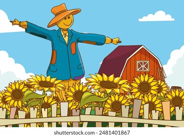 Cute cartoon garden scarecrow. A pumpkin head in a straw hat. Farm life item. Field decoration. Farmer helper. Element clipart for village or ranch. Straw man