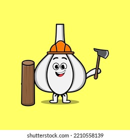 Cute Cartoon Garlic As Carpenter Character With Ax And Wood In Flat Modern Style