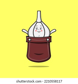Cute cartoon Garlic character coming out from pocket look so happy