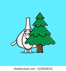 Cute cartoon Garlic character hiding tree in flat modern design in modern style design