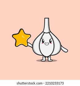 Cute cartoon Garlic character holding big golden star in cute modern style design illustration