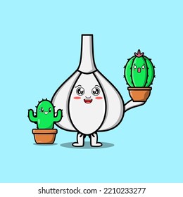 Cute cartoon Garlic character holding Garlic plant in pot vector icon illustration