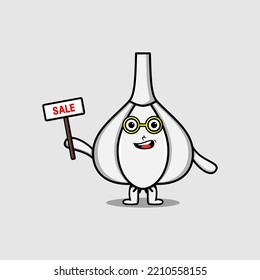Cute cartoon Garlic character holding sale sign designs in concept flat cartoon style