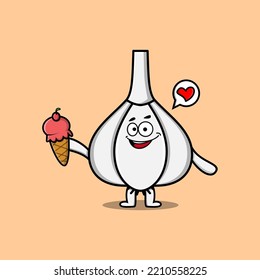 Cute Cartoon Garlic character holding ice cream cone in modern cute style illustration