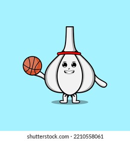 Cute cartoon Garlic character playing basketball in flat modern style design illustration