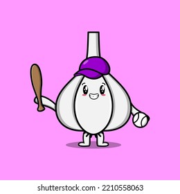 Cute cartoon Garlic character playing baseball in modern style design