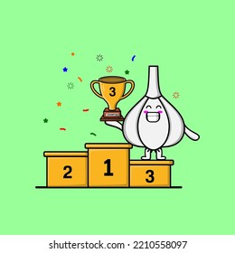 Cute Cartoon Knoblauch Charakter als dritter Gewinner mit glücklichem Ausdruck in der modernen Illustration
