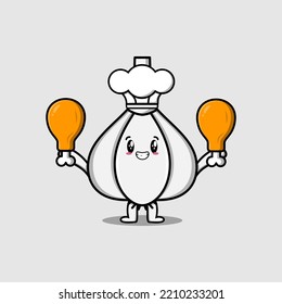 Cute cartoon Garlic chef character holding two chicken thighs in flat cartoon style illustration