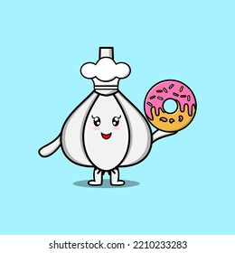 Cute cartoon Garlic chef character donuts in flat cartoon style illustration