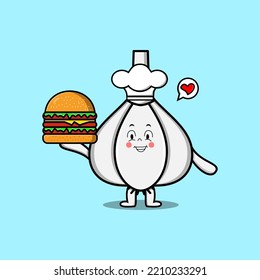 Cute cartoon Garlic chef character holding burger in flat cartoon style illustration