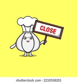 Dibujo lindo Caricatura de un personaje de un chef de ajo sosteniendo diseños de tableros de caricatura de cerca al estilo de las caricaturas planas