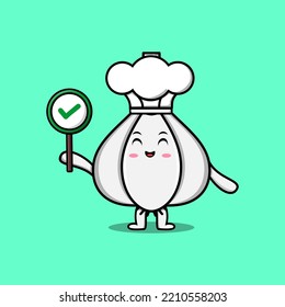 Cute cartoon Garlic chef character holding correct sign board in vector character illustration