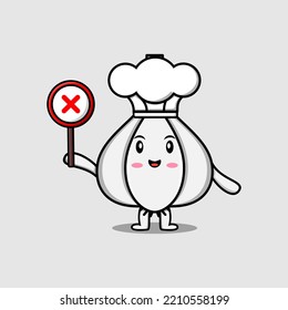 cute cartoon Garlic chef holding wrong sign board in vector character illustration