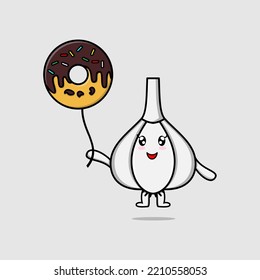 Cute cartoon Garlic floating with donuts balloon cartoon vector illustration