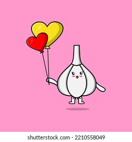 Cute cartoon Garlic floating with love balloon cartoon vector illustration