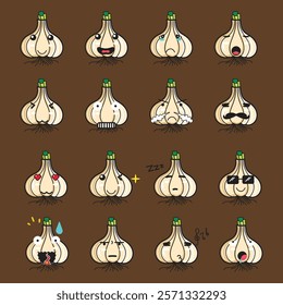 A Cute cartoon garlic illustration with various expression for design element, emoticon project, and sticker