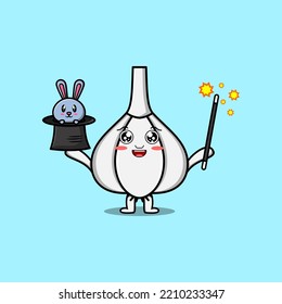 cute cartoon Garlic magician character with bunny character coming out from magic hat