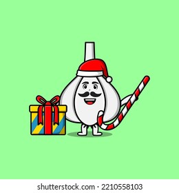 cute cartoon Garlic santa clause character is bringing candy cane and boxes christmas